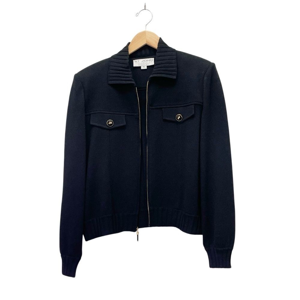 St John Collection Black Santana Knit Zip Jacket Gold Buttons Size Small USA - Picture 6 of 15